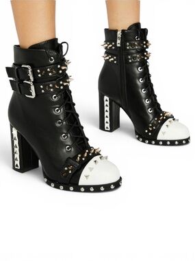 AZALEA WANG Oreo Spikes Studded Lace-Up Ankle Boots